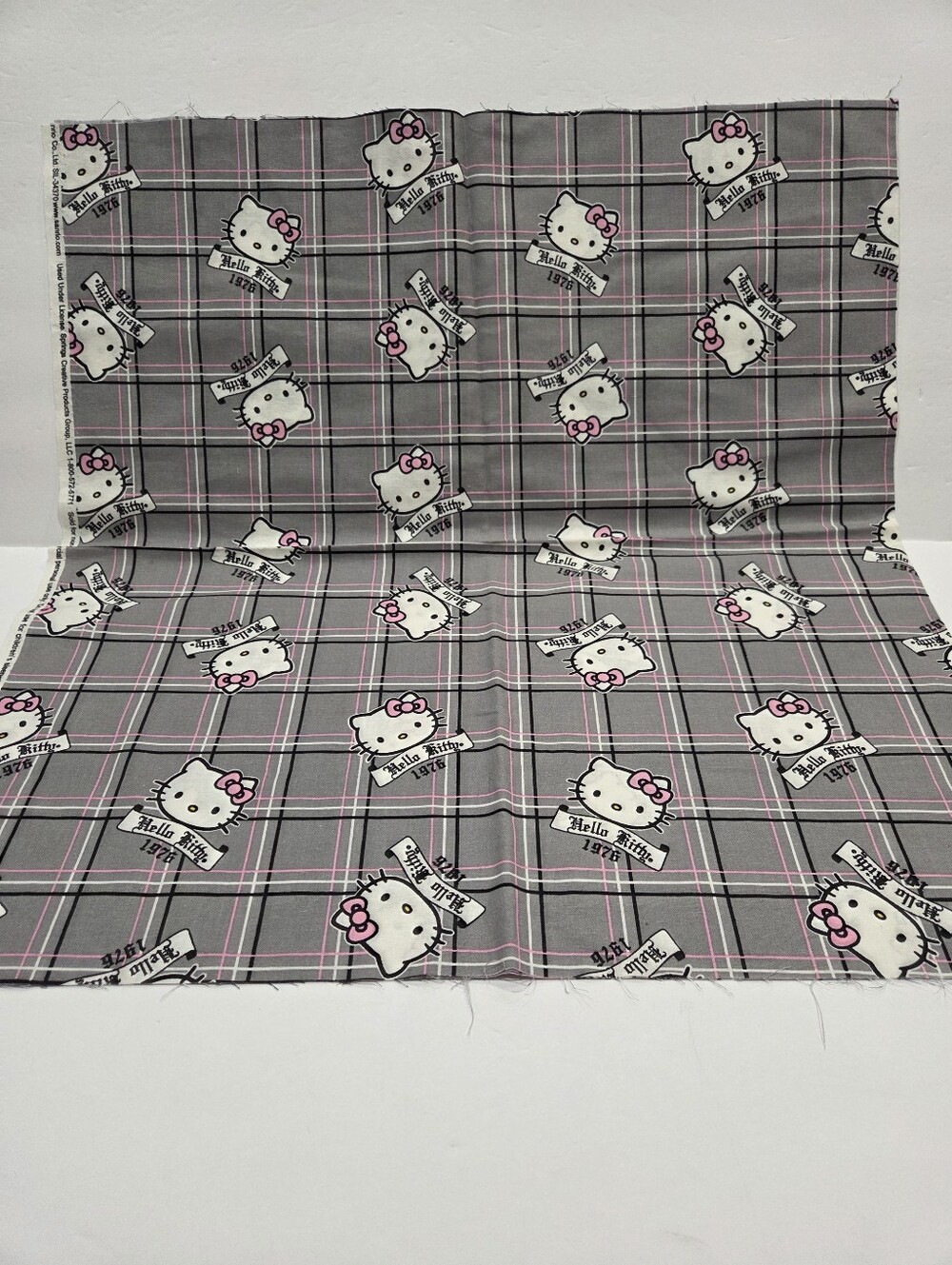 Sanrio Hello Kitty Plaid Print Cotton Fabric - Gray & Pink 46×42in.